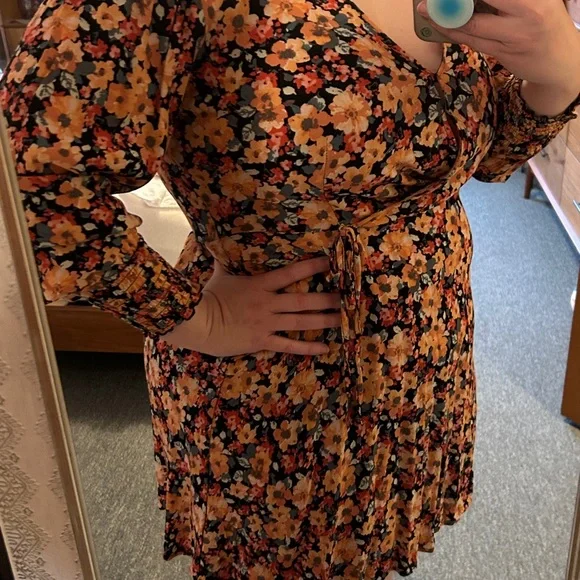 Spring Floral Wrap Dress Scrunch Sleeve Easter Orange Pink Blue Flowers - Picture 2 of 9